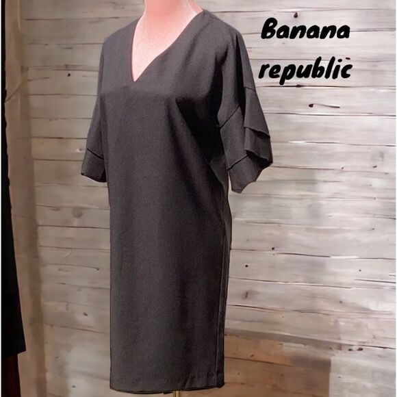 BANANA REPUBLIC WOMENS SHIFT MINI DRESS BLACK RUFFLED SLEEVES SIZE 2 - Picture 1 of 7